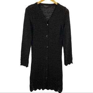BCBGMaxazria Crochet Knit Brown Long Cardigan Large Scalloped Hem